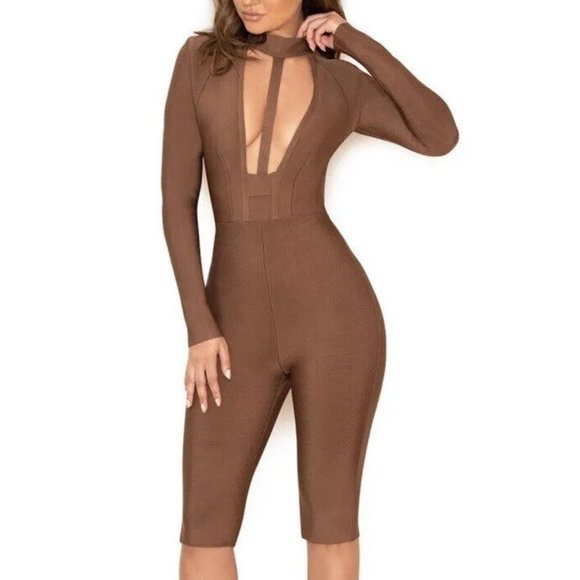 HOUSE OF CB LONDON Comelle Jumpsuit XS NWT Brown Shorts Bandage Romper Sexy - Picture 2 of 8